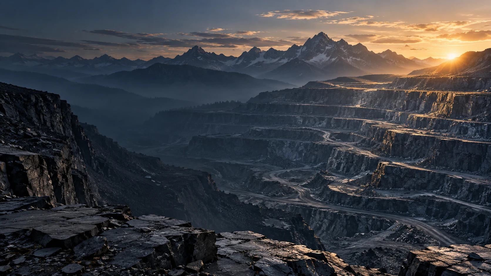 Terraced quarry carved into a mountain landscape at sunrise